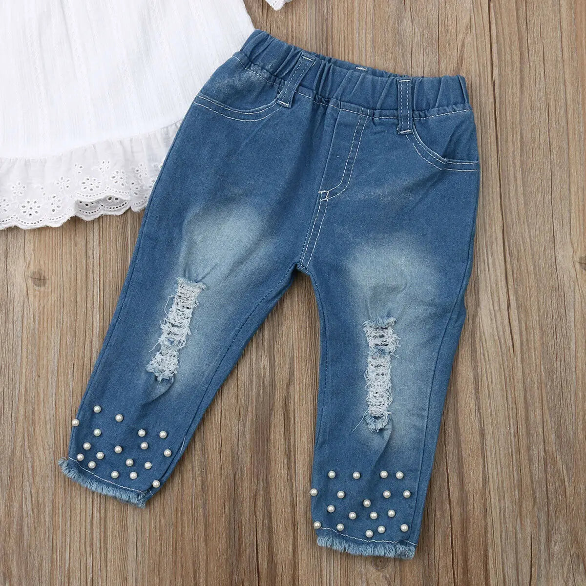Ruffles Sleeve Off Shoulder Top + Fashion Denim Pants