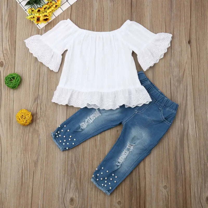 Ruffles Sleeve Off Shoulder Top + Fashion Denim Pants