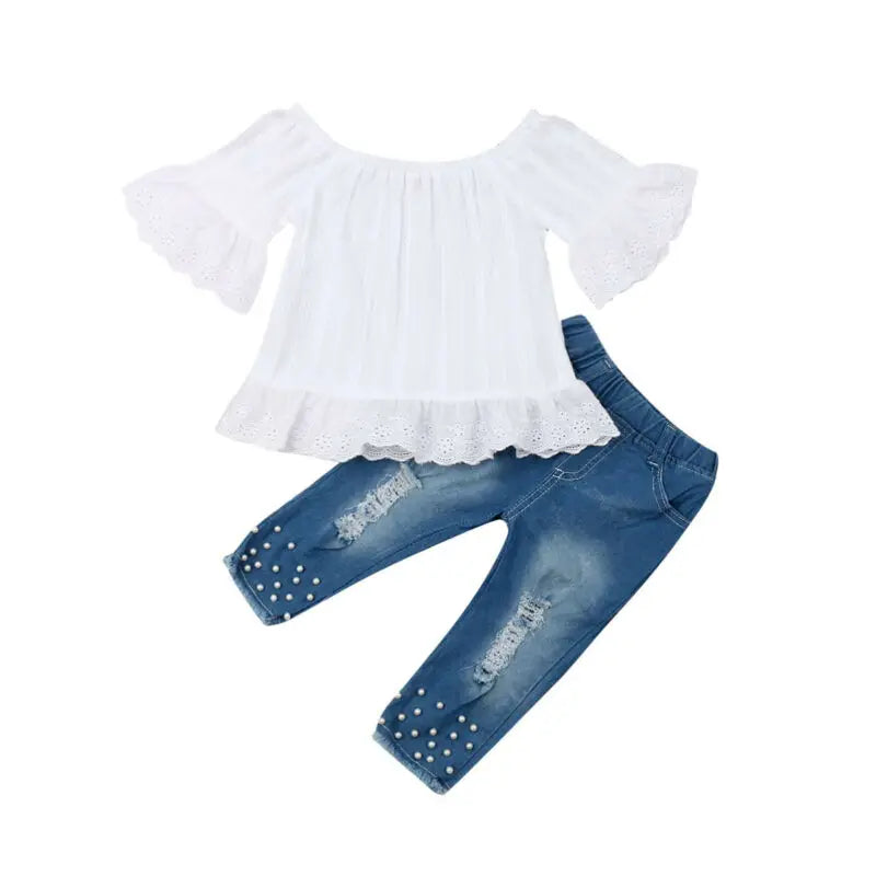 Ruffles Sleeve Off Shoulder Top + Fashion Denim Pants